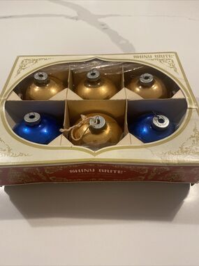 Shiny Brite Christmas Ornaments Vintage Original Box 2 Blue & 4 Gold